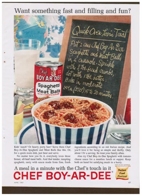 Vtg CHEF BOY-AR-DEE SPAGHETTI & MEATBALLS Original Print Ad June 1962