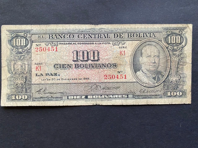BOLIVIA, 1945, Billete Banco Central de Bolivia, 100 BOLIVIANOS, Serie K1, Circ.
