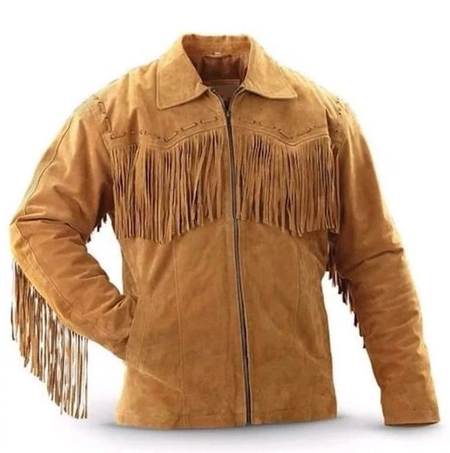 Men American Native Western Cowboy Suede Leather Jacket With Fringe - Tan Brown