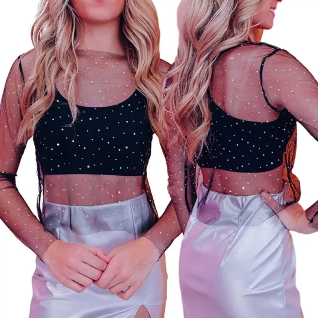 Women Sheer Mesh Coverup Shirt Glitter Rhinestones Long Sleeve Crop Top Clubwear