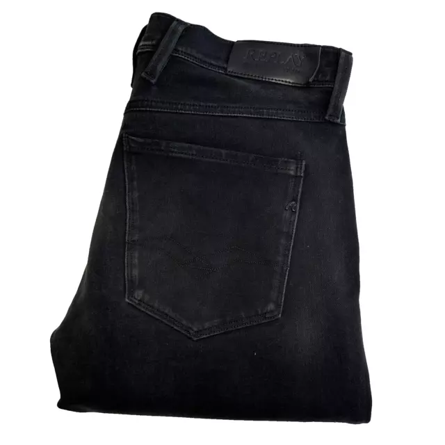 REPLAY Jeans Herren W31 L32 schwarz schmal dünn Stretch Hyperflex Reißverschluss mittlerer Anstieg ANBASS