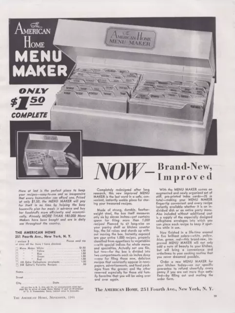 1941 Print Ad The American Home Menu Maker Recipe File Only $1.50 Complete