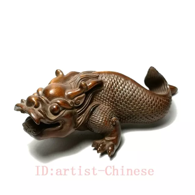 Chinese boxwood hand carved Loong Dragon Statue Old Ornament collectable