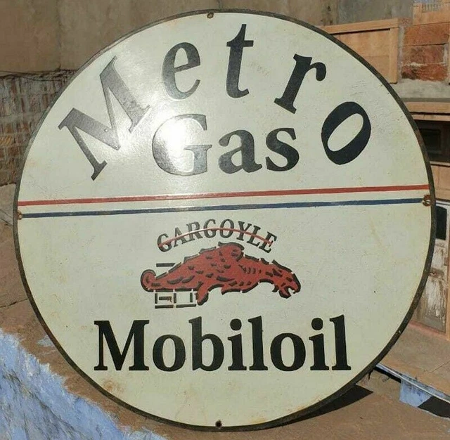 1930'S OLD ANTIQUE Vintage Rare Metro Gas Mobil Oil Porcelain Enamel ...