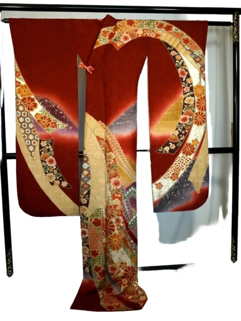 Japanese kimono SILK"FURISODE" long sleeves,Gold/Silver, Traditional,5' 7"..3308 2