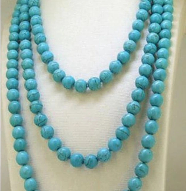 Genuine Natural 8mm Blue Turquoise Round Gemstone Beads Jewelry Long Necklace 50