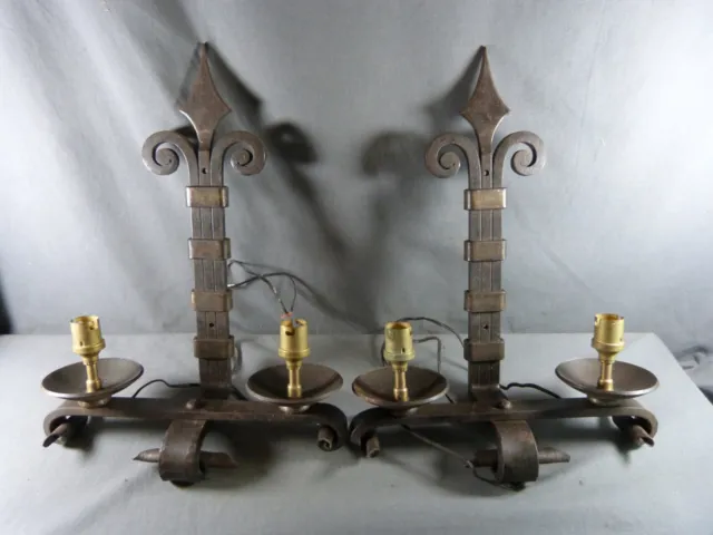 ⭐ Large Pair of french wrought iron wall sconces with fleur-de-lis decoration ⭐
