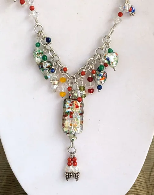 Necklace Murano Glass Lampwork Swarovski Coral and Crydtal Beads 38”long