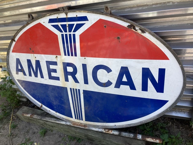 VINTAGE ORIGINAL  6 Ft. OVAL "AMERICAN" PORCELAIN DOUBLE-SIDED SIGN