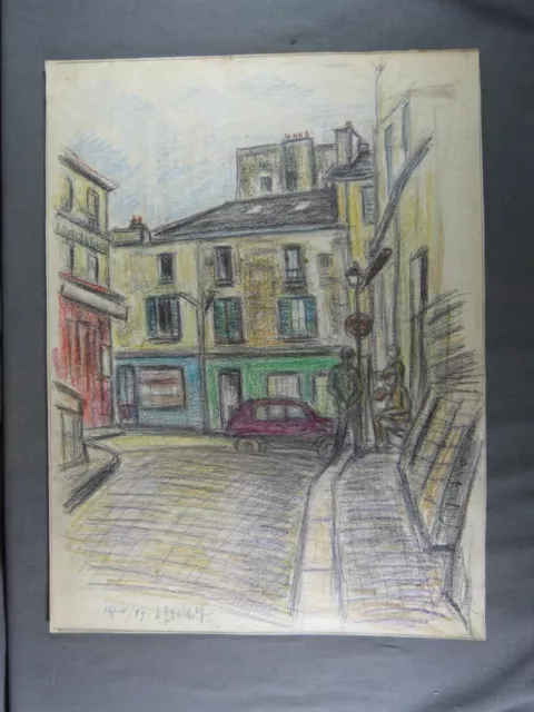 Henri BOULAGE (1882-1967) Dessin Original crayon de couleur, rue de Montmartre