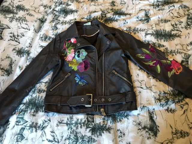 Next Faux Leather Dark Grey Embroidered Biker Jacket Girls Age 10 EUC