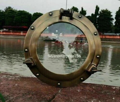 Miroir de fenêtre à hublot en laiton nautique pour décoration murale de chambre ou de salle de bain avec porte en aluminium thème bateau ou bateau maritime