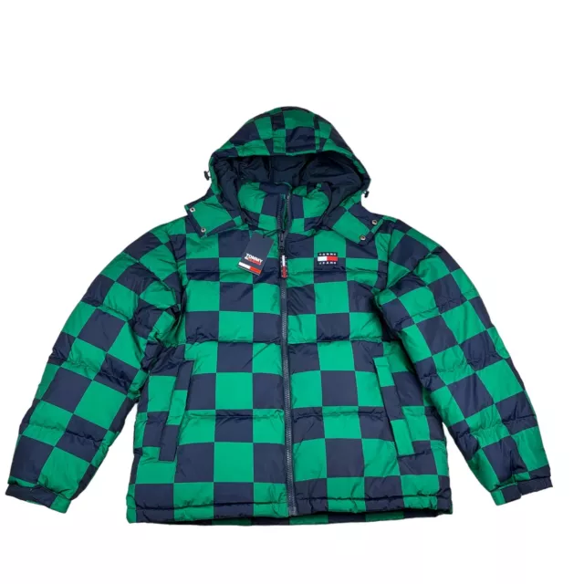 Tommy Hilfiger Mens Alaska Plaid Down Hooded Puffer Jacket Blue Green M