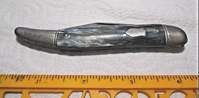 Retro Toothpick Imperial Usa Prov. R.i. Single Blade Folding Knife Blue Marble