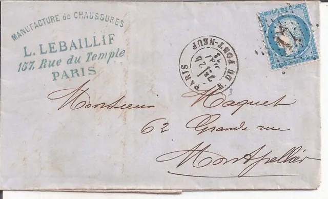 LETTRE COVER,LAC,PARIS Seine,ETOILE 17+ R. DU PONT-NEUF;24/5/1873,Yv 60,Hérault