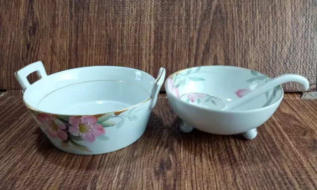 Noritake Bone China Butter Tub Azalea Pattern 5 x2 & 3 Footed Sauce Bowl W Spoon