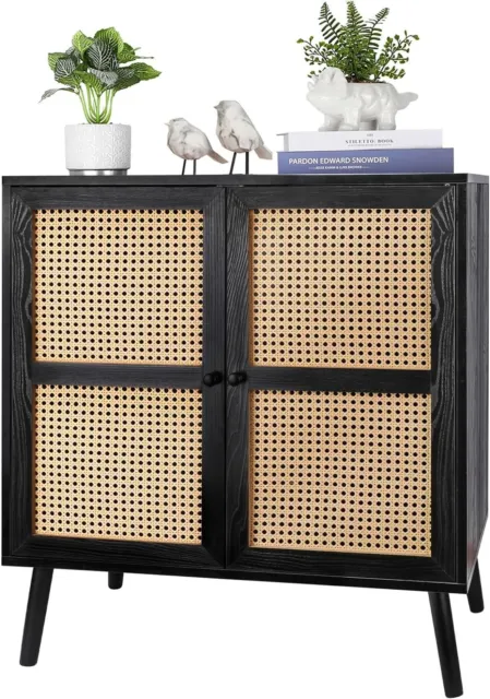 ZYBT Sideboard Buffet Cabinet, Mid Century Modern Rattan Dresser, Black Accent S