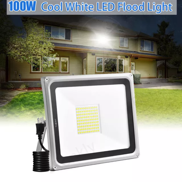 Plug-in 100W LED Flood Light Outdoor Yard Spotlight Security Lamp Cool White