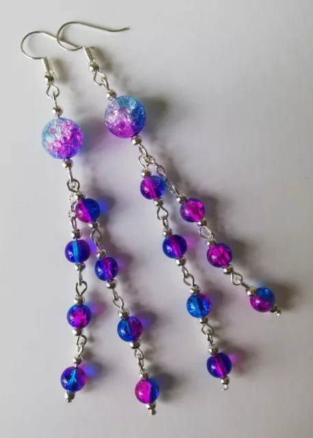 Extra Long Drop / Dangle Purple / Pink & Blue Crackle Tassel Earrings