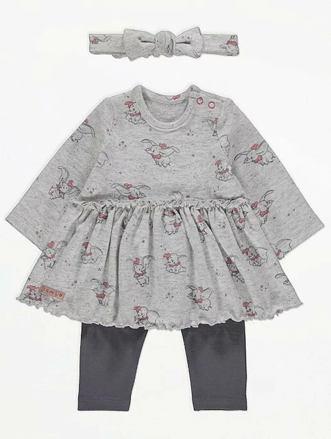 BNWT Baby Girls Adorable 3pc Disney Dumbo Dress Leggings & Headband Outfit 0-3m