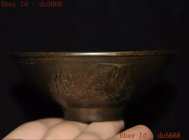 4"Collect Old China Chinese Bronze flower text statue Tea cup Bowl Bowls