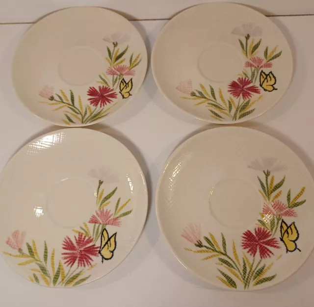 Vtg Pink Spice Red Wing Pottery 4 Saucers Hand Painted Butterfly