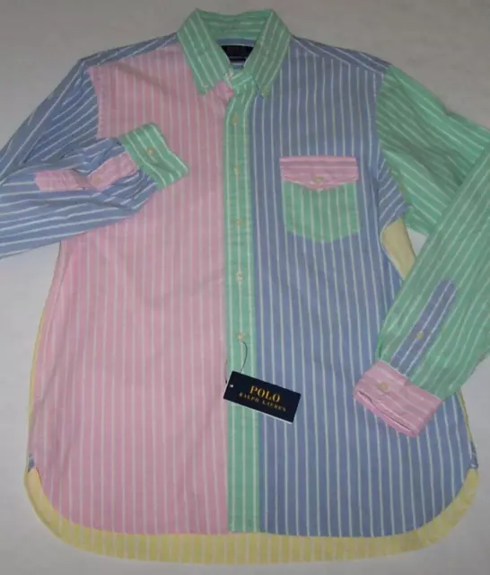 Nuevo con etiquetas Polo Ralph Lauren Azul/Rosa/Amarillo RAYAS PASTEL Colorblock Camisa Divertida XL