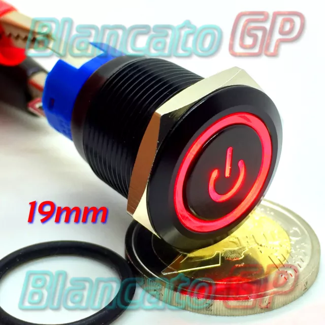 PULSANTE MONOSTABILE 19mm SIMBOLO ON POWER ILLUMINATO LED ROSSO 12V DEVIATORE