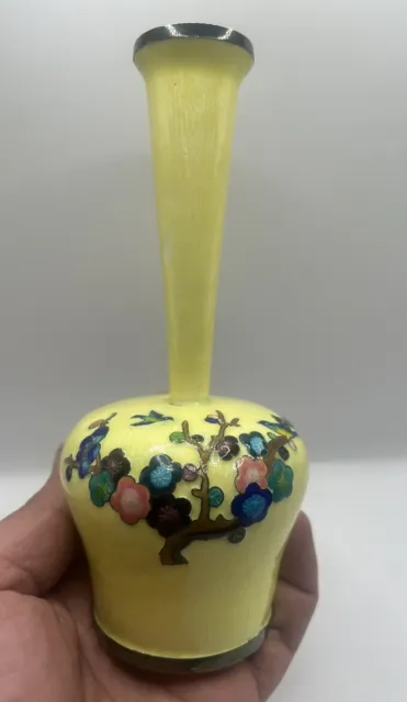 Gorgeous Bright Yellow Korean 99% Export Silver & Enamel Vase With Flowers