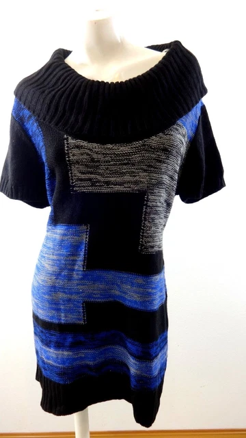 Nwot NY COLLECTION Femmes Bleu Noir Tunique Longue Col Bénitier Maille Pull M