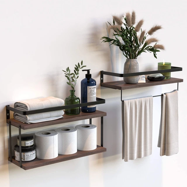 Set of 2 Rustic Wood Floating Shelves: 2+1 Tier Wall Mounted