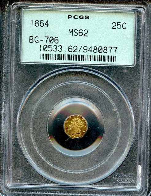 1864 California Gold Twenty Five Cent 25c Coin PCGS MS 62