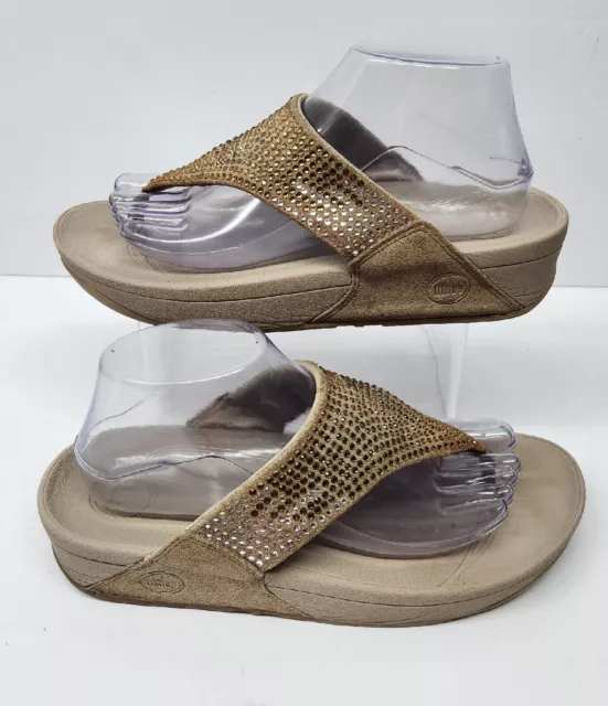 FITFLOP Flare Womens Sz 9 Tan Rhinestone Wobbleboard Wedge Thong Sandals 302-094