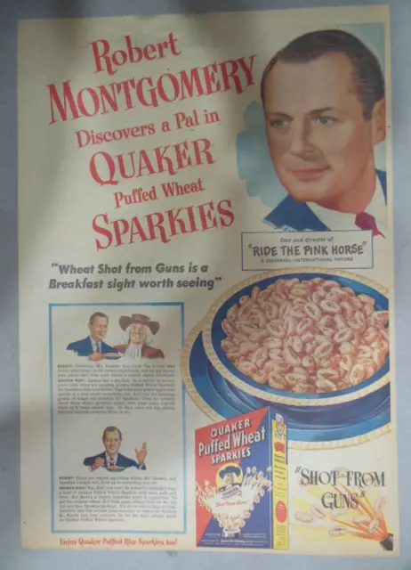 Quaker Cereal Ad: "Wheat Shot From Guns" Rob Montgomery 1945 Size 11 x 15 inches