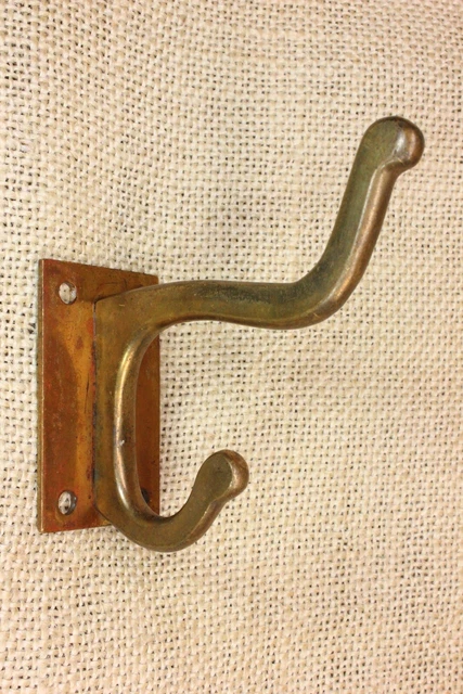 Old Coat Double Hook Square Base School House Tarnish Cast Brass Bronze Vintage 2