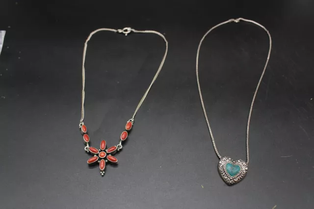 T x2 Vintage Sterling Silver 925 Gemstone Necklaces Inc. Turquoise, Coral 24g