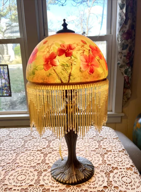 20” Reverse/Reversed Hand  Painted Glass  W/Beads Rose & Green Floral Table Lamp