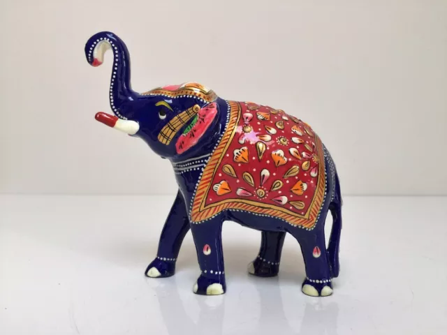 Hand Painted Indian Blue Meenakari Enamel Metal Elephant Statue Figurine 2