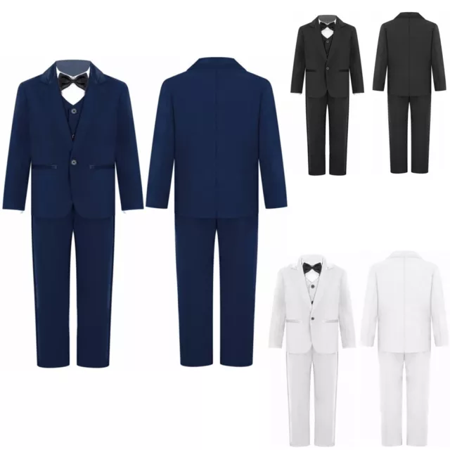 Boys 4Pcs Formal Suit Set Complete Outfit with Blazer Dress Shirt Vest and Pants