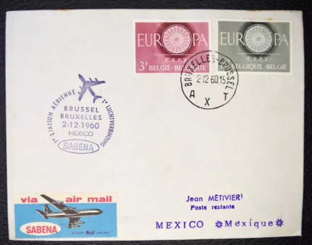 26/ Belgique 1er Vol SABENA Bruxelles Mexico 2 12 1960