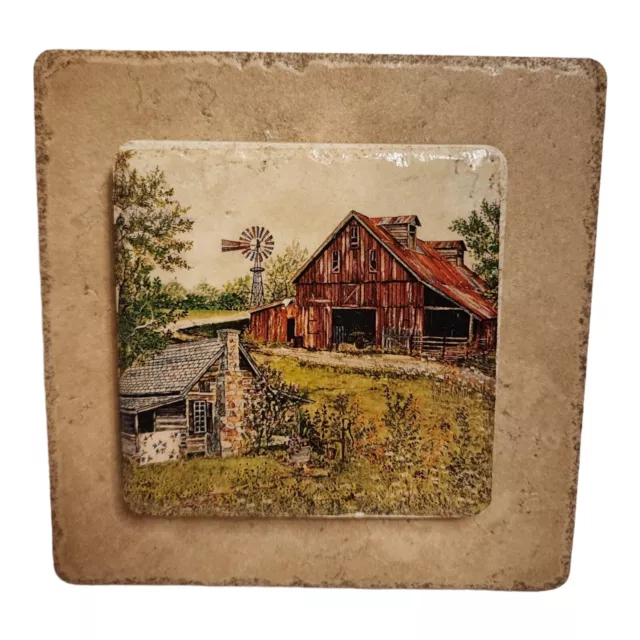 Vintage Ceramic Tile Idyllic Country Scene Farmhouse Quilt Barn
