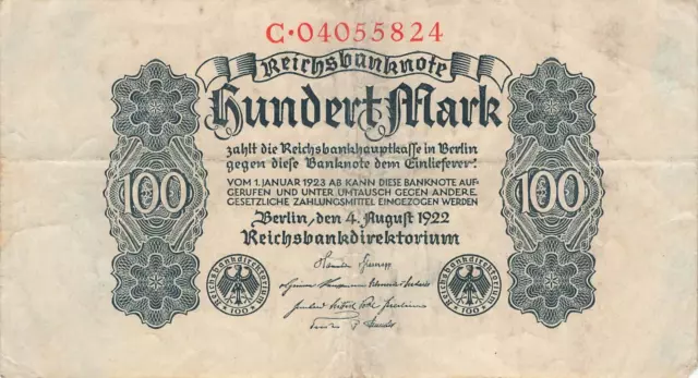 Deutschland Germany 100 Mark 1922 (Serie C) Ro72 Fine