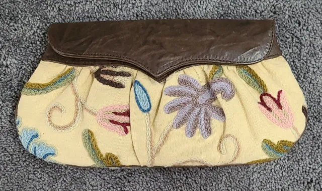Treesje $250 Leather Fabric Floral Embroidered Clutch Bag Handbag NEW Brown
