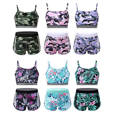 Kids Girls Sports Tankini Outfit Activewear Camouflage Crop Top+Bottoms Outfits