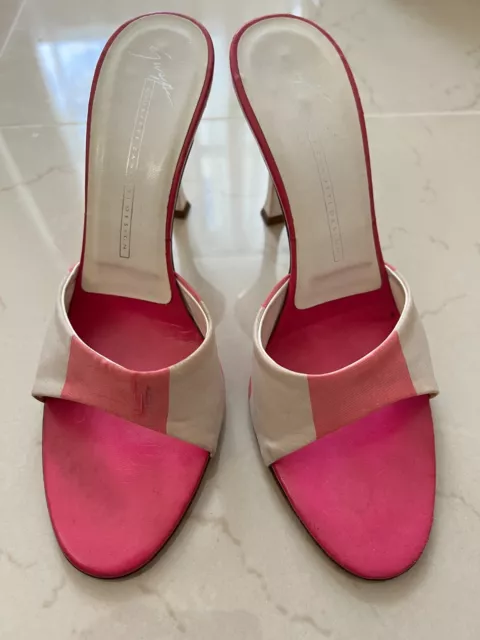 GIUSEPPE ZANOTTI Pink Satin Leather Slides Heels Shoes Sandals sz 36.5