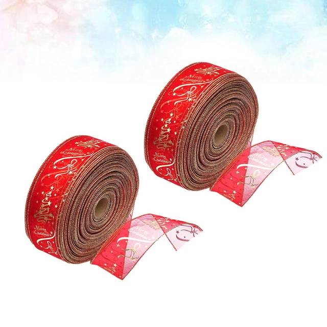 2 Rolls Christmas Printed Fabric Ribbon Wired Xmas Riband Belt Xmas Tree Wreaths