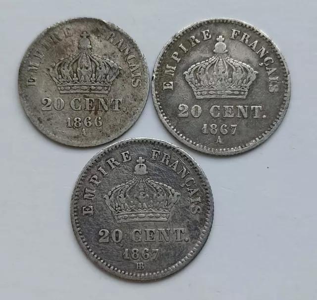 Lot de 3 pièces de 20 centimes napoléon 3 en argent
