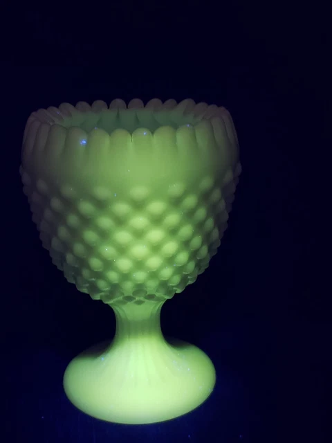 Fenton Milk Glass Hobnail Crimped Ribbon Edge Ivy Ball Compote Vase Glows
