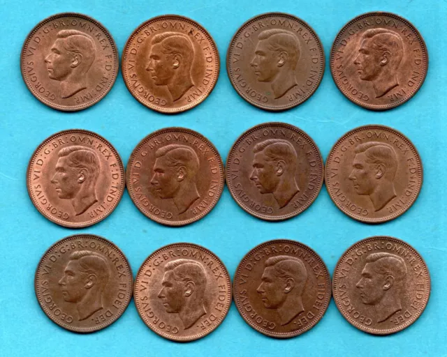 12 Different Halfpenny Coins 1937 - 1952. George Vi. Lovely Condition. Job Lot.