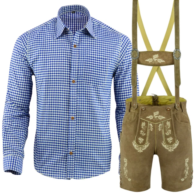 Trachten Set Herren Trachtenlederhose Kurz Blau Hemd Größe 46 bis 60 LE30BS